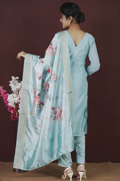 Embroidered Suit Set With Digital Print Silk Dupatta Back